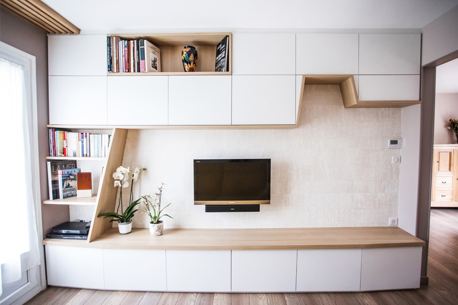 Agencement sur mesure meuble TV sur mesure, sur mesure, TV, tasseau bois